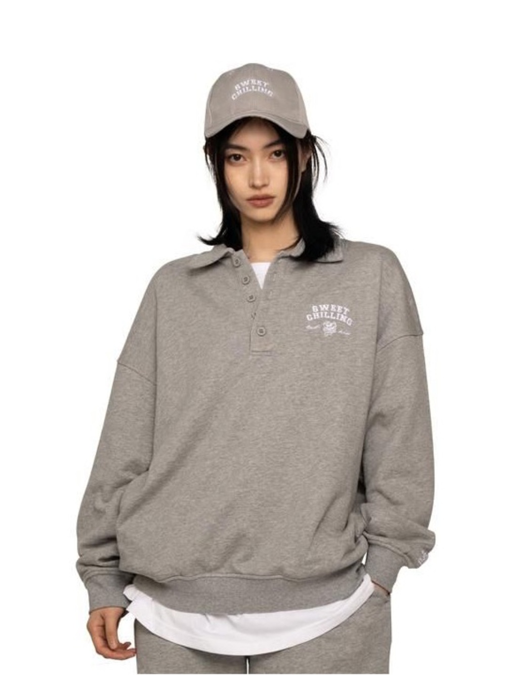 Sweet Chilling Korean Gray Oversized Henley Sweatshirt M